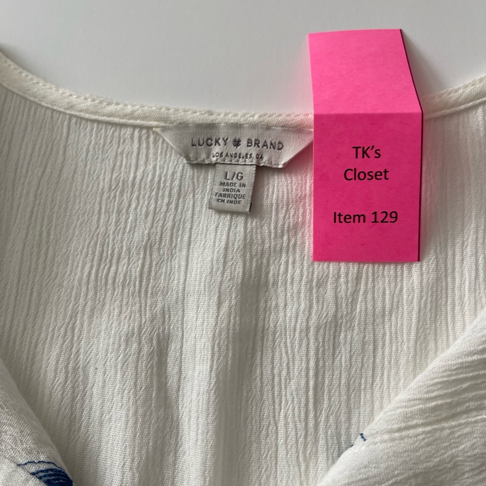Lucky Brand Top White w/ Blue Embroidery L/G - NWT (129) - Picture 4 of 6